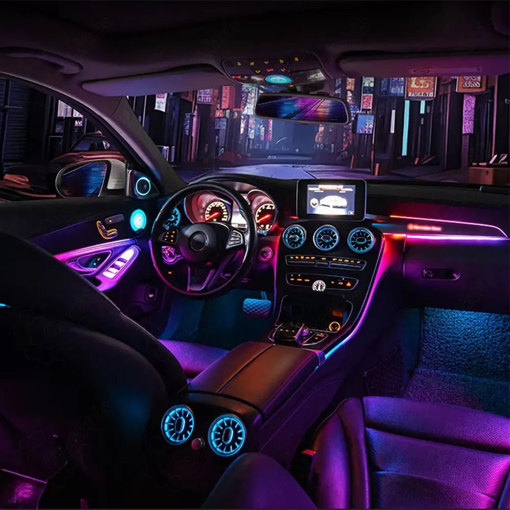 OEM-style seamless ambient lighting upgrade for Mercedes-Benz W205 C-Class, showing a luxury nighttime cabin glow.