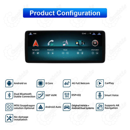 Product configuration overview for Mercedes-Benz W205 C/GLC Class 12.3-inch Android display upgrade, showcasing 8-core CPU, 4G LTE, wireless CarPlay, Android Auto, DSP sound, 360 AVM camera support, dual systems, and plug-and-play installation.