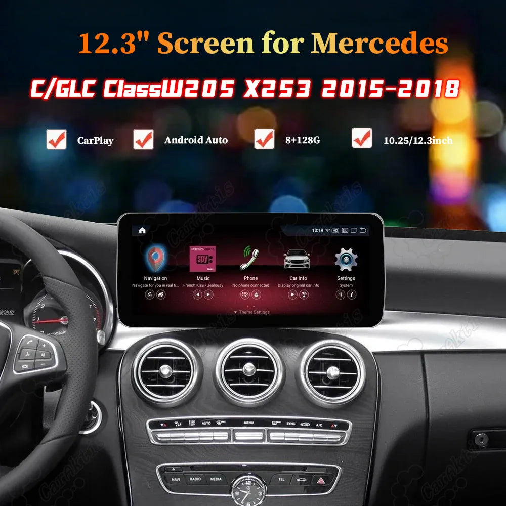 Product configuration specifications for Mercedes-Benz W205 C/GLC Class 12.3-inch Android touchscreen radio upgrade, featuring 8-core CPU, wireless CarPlay, Android Auto, DSP sound, and plug-and-play installation.