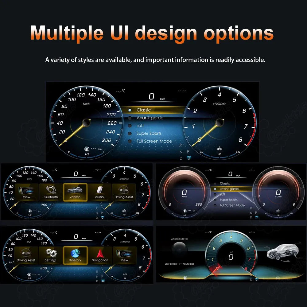 Caraktis digital virtual cockpit instrument cluster for Mercedes-Benz C-Class W205 and GLC X253 showing multiple customizable UI designs and real-time driving telemetry.