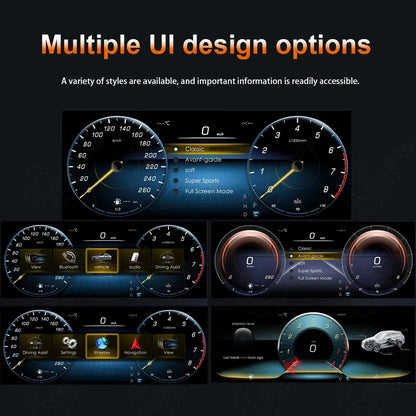 Caraktis digital virtual cockpit instrument cluster for Mercedes-Benz C-Class W205 and GLC X253 showing multiple customizable UI designs and real-time driving telemetry.
