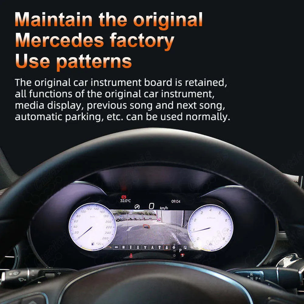 Caraktis digital cluster for Mercedes-Benz W205 C-Class and X253 GLC retaining all factory features including OEM dashboard modes, media display, track navigation, and automatic parking.