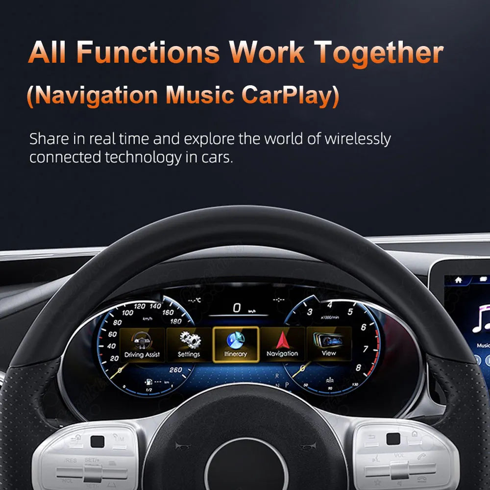 Caraktis digital cluster for Mercedes-Benz W205 C-Class and X253 GLC featuring seamless integration of real-time GPS navigation, music playback, and wireless Apple CarPlay.
