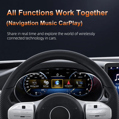 Caraktis digital cluster for Mercedes-Benz W205 C-Class and X253 GLC featuring seamless integration of real-time GPS navigation, music playback, and wireless Apple CarPlay.