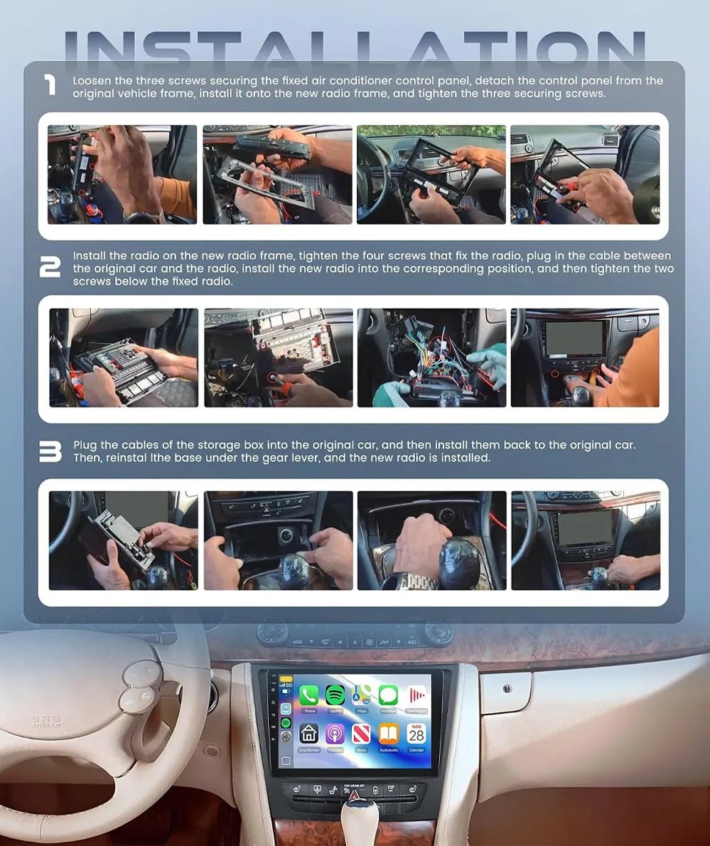 Step-by-step installation process diagram for replacing OEM head unit with new Android radio in Mercedes Benz W211