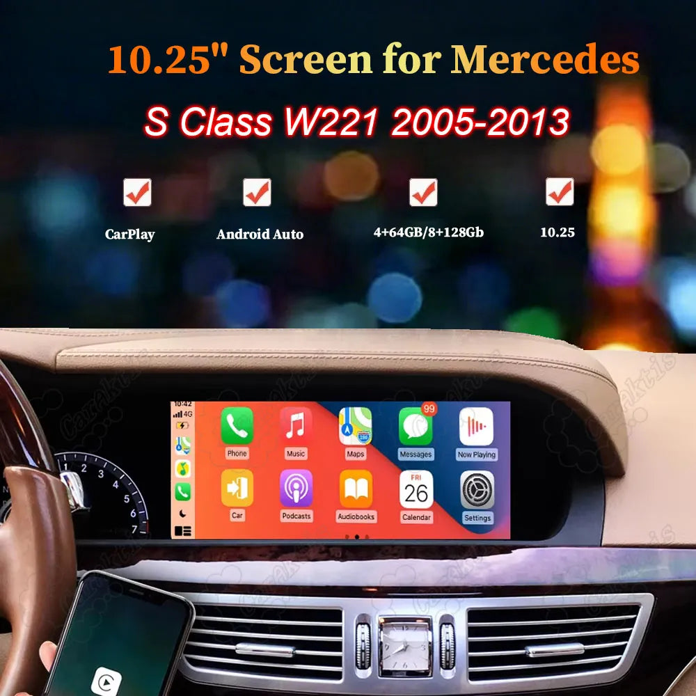 10.25 inch Android 13 car radio display showing Apple CarPlay interface installed in Mercedes-Benz S-Class W221 (2005-2013) dashboard