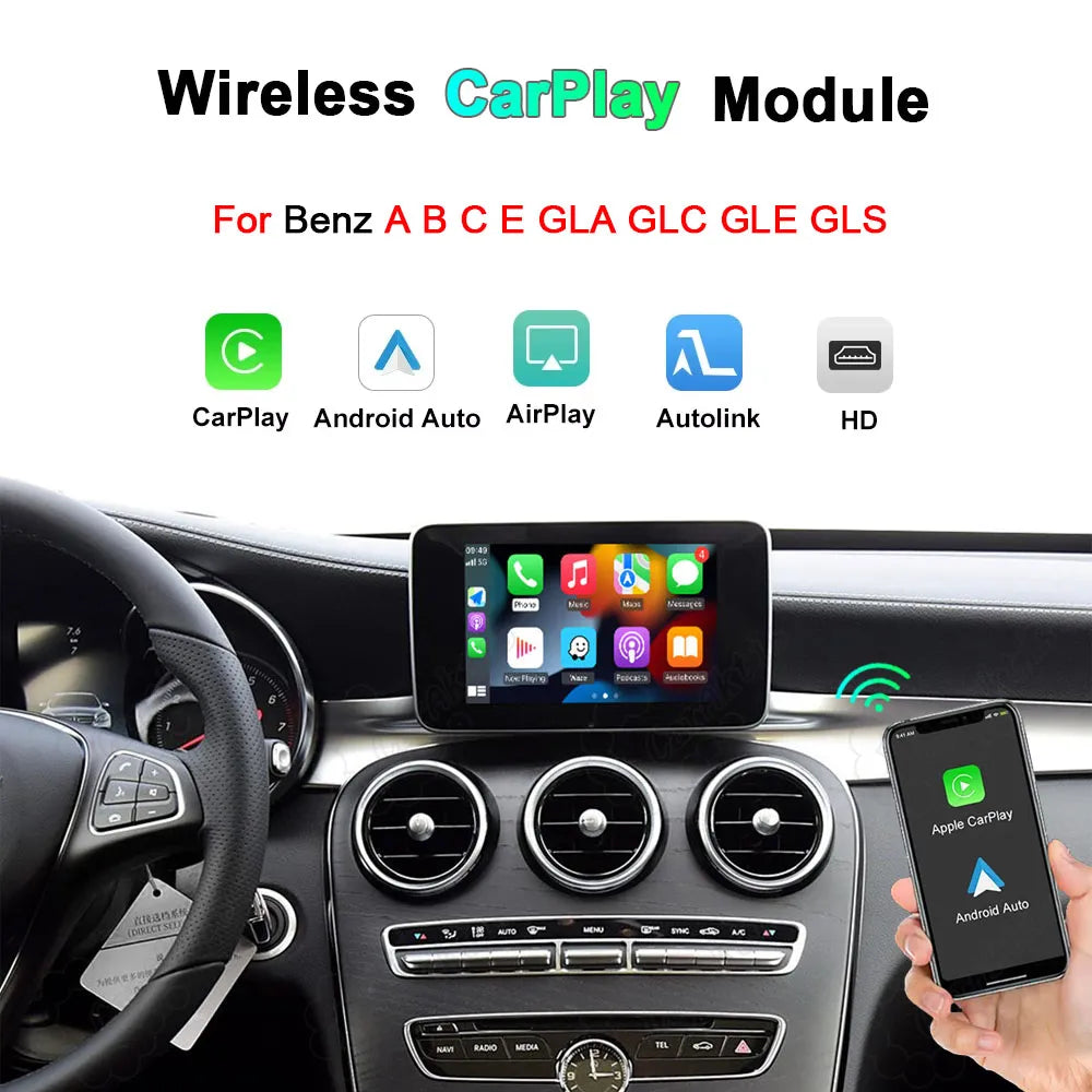 Wireless CarPlay and Android Auto upgrade module for Mercedes Benz A B C E GLA GLC GLE GLS Class, showing smart screen dashboard interface.