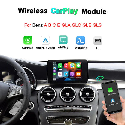 Wireless CarPlay and Android Auto upgrade module for Mercedes Benz A B C E GLA GLC GLE GLS Class, showing smart screen dashboard interface.