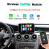 Wireless CarPlay and Android Auto upgrade module for Mercedes Benz A B C E GLA GLC GLE GLS Class, showing smart screen dashboard interface.