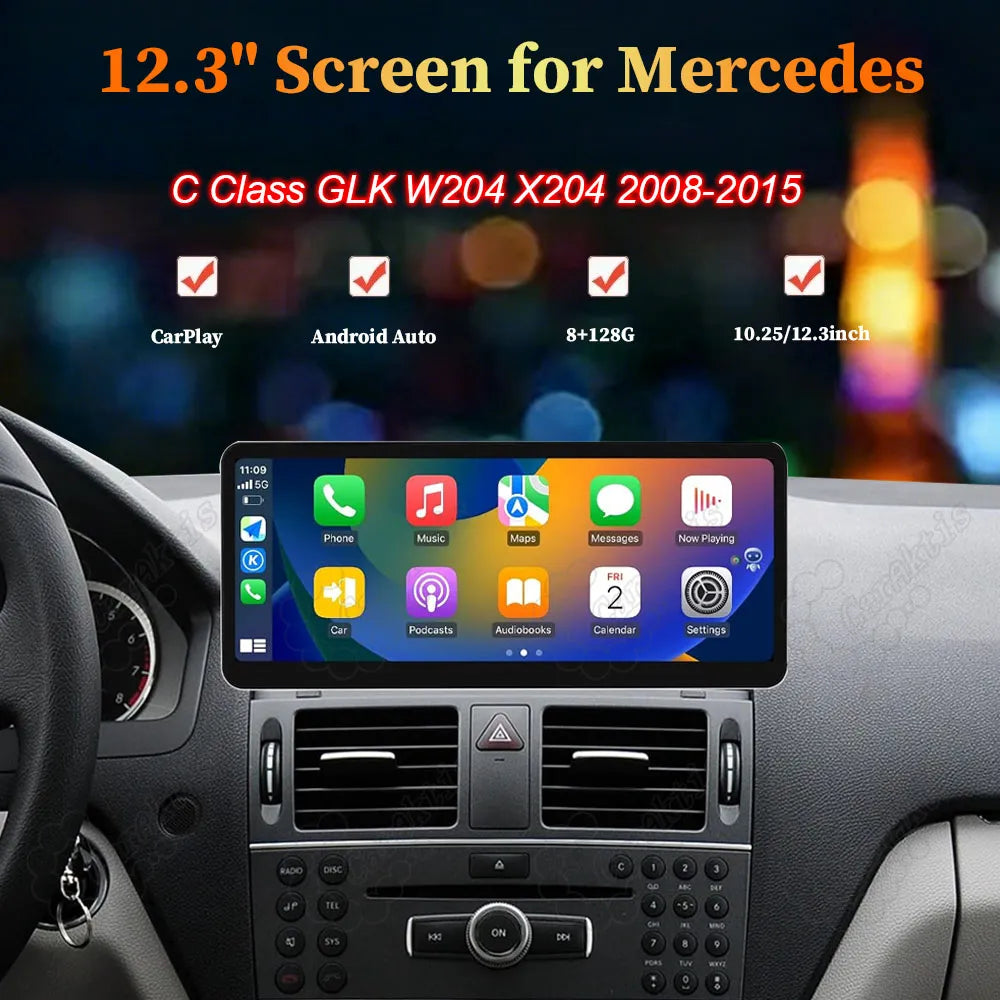 12.3-inch Android touchscreen radio installed in Mercedes-Benz C-Class W204 showing Apple CarPlay dashboard interface.