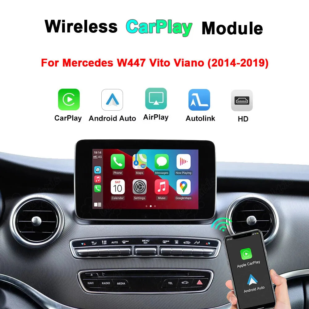 Wireless CarPlay and Android Auto upgrade menu displayed on a Mercedes Benz C-Class W204 dashboard screen.