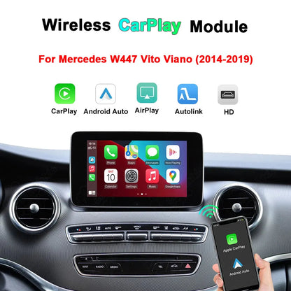 Wireless CarPlay and Android Auto upgrade menu displayed on a Mercedes Benz C-Class W204 dashboard screen.