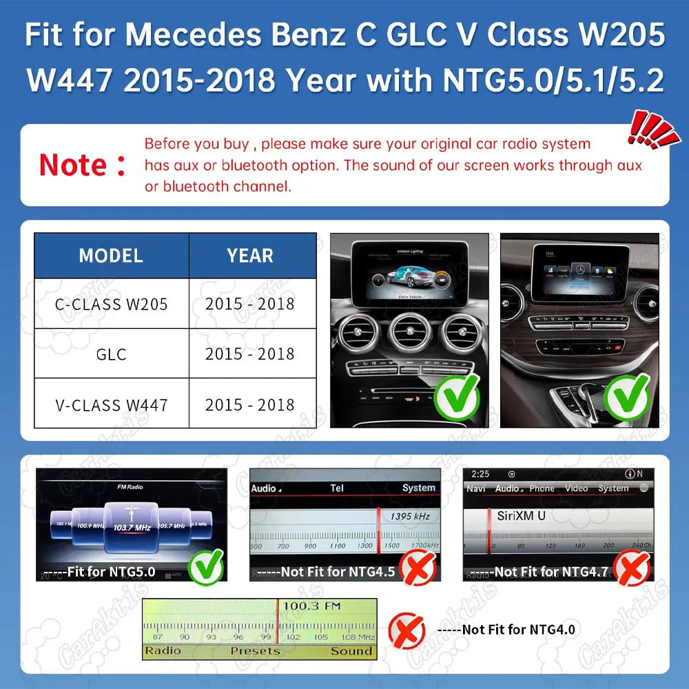 Compatibility chart showing Mercedes Benz C GLC V Class W205 W447 2015-2018 compatibility with NTG 5.0 system