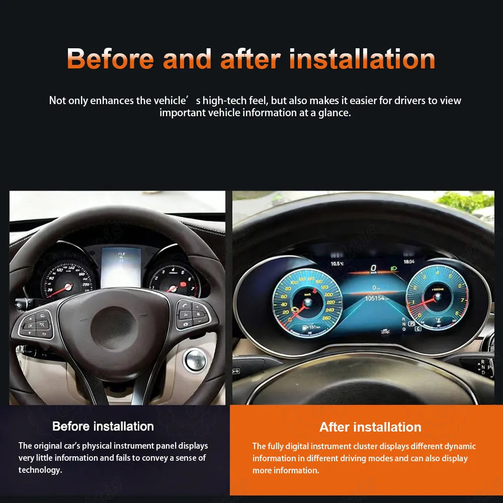 Before and after installation of Caraktis virtual cockpit LCD digital instrument cluster upgrade for Mercedes-Benz C-Class W205 and GLC X253.