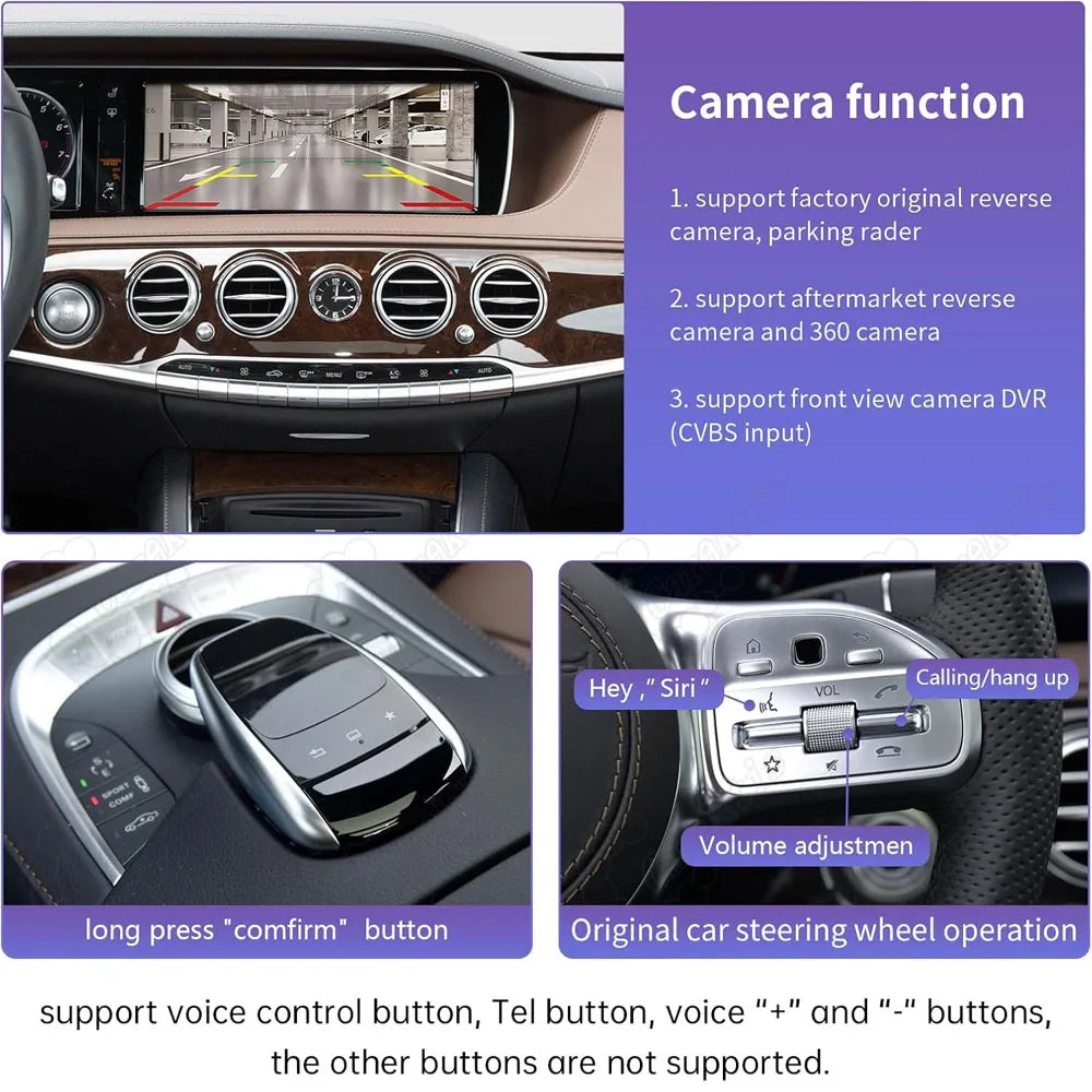 Mercedes CarPlay module compatibility with original backup camera, 360 camera, front DVR, center console pad, and steering wheel buttons.
