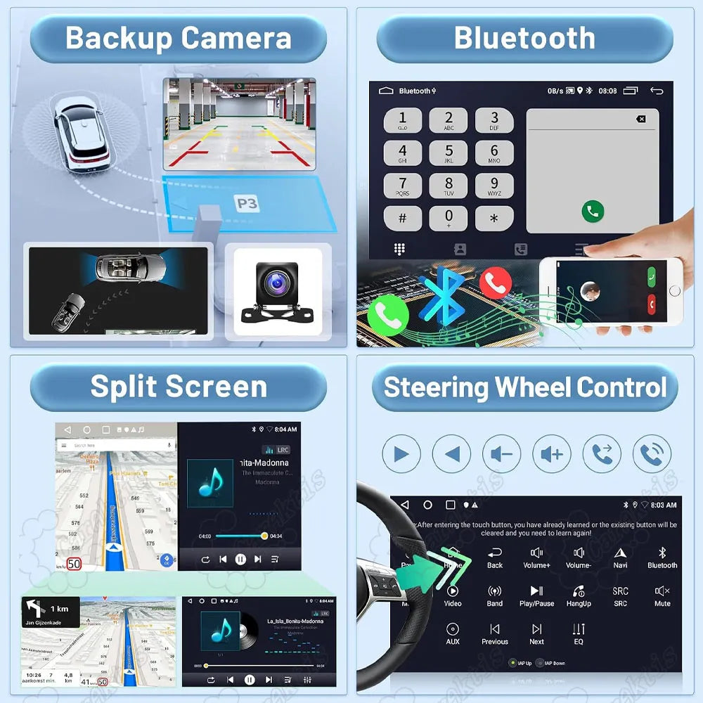Multi-function Android car stereo showing backup camera, Bluetooth calling, split screen mode, and steering wheel control integration