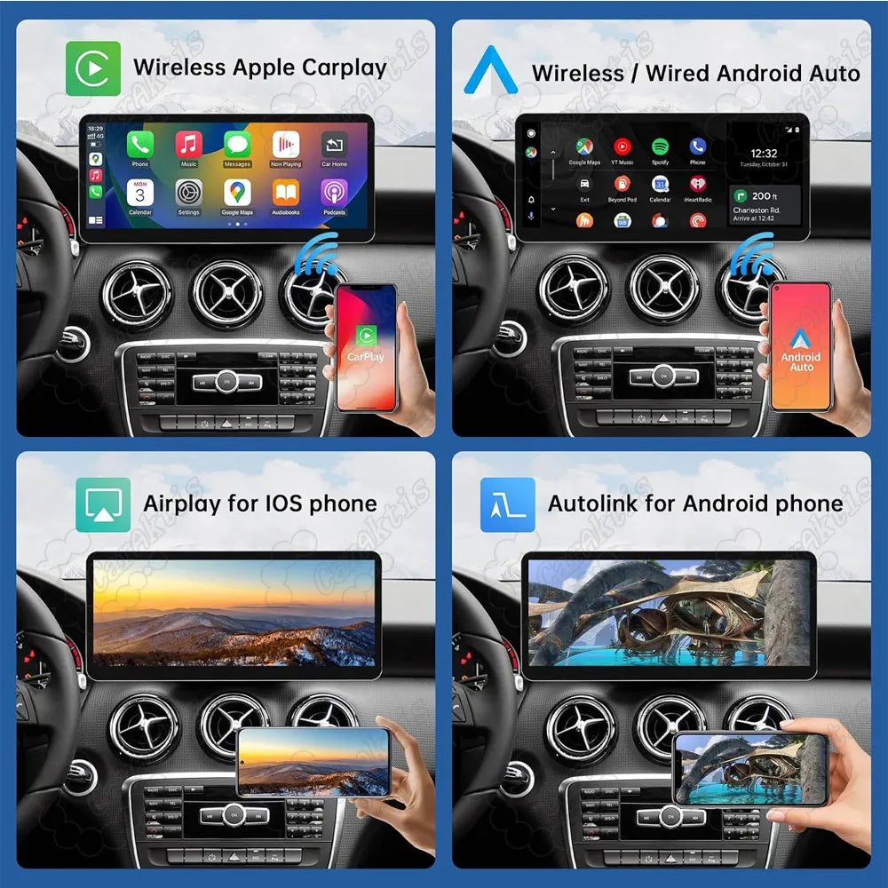 Mercedes-Benz multimedia screen supporting Wireless CarPlay, Wired Android Auto, AirPlay for iPhone, and AutoLink screen mirroring for Android phones.