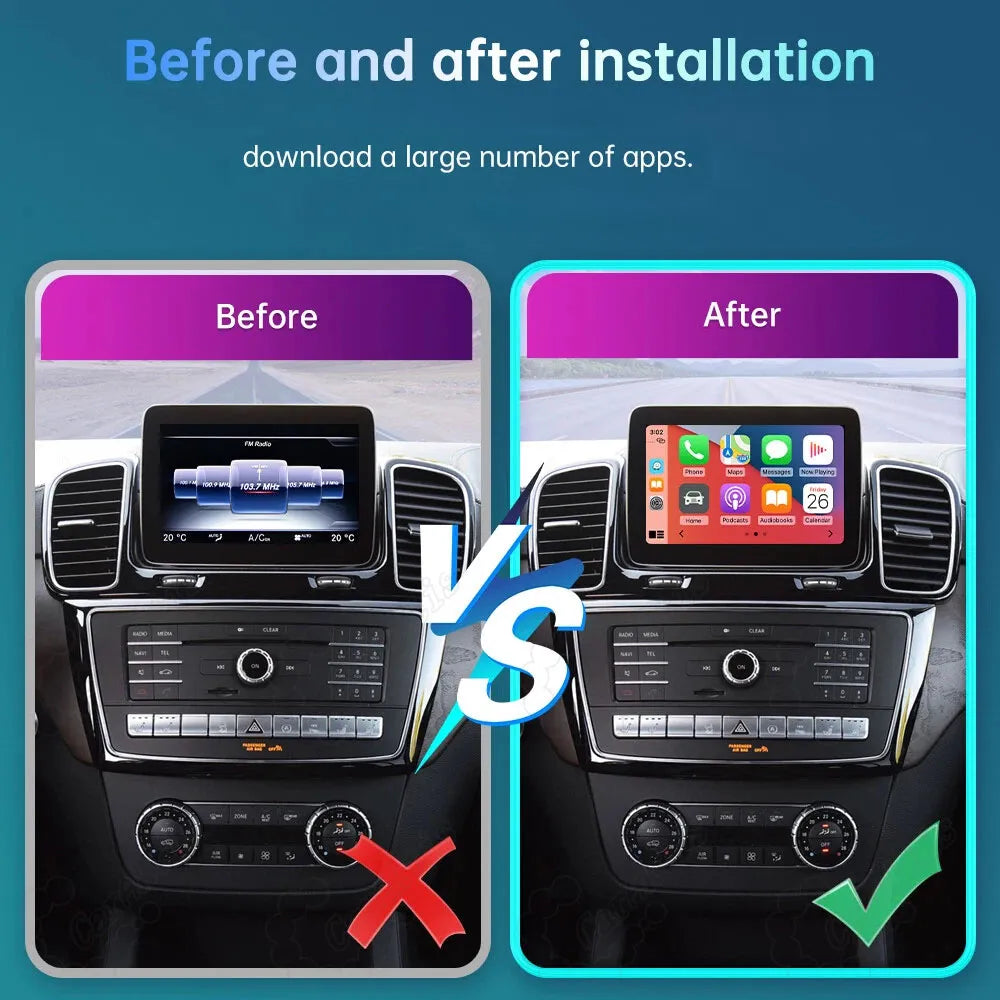 Before and after installation comparison of the Mercedes factory screen upgrade to a modern CarPlay interface supporting multiple apps.