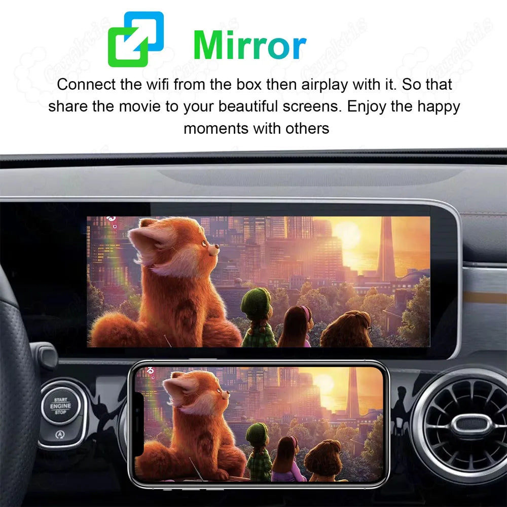 Screen mirroring via AirPlay and WiFi, sharing a movie from an iPhone to the Mercedes MBUX widescreen display.