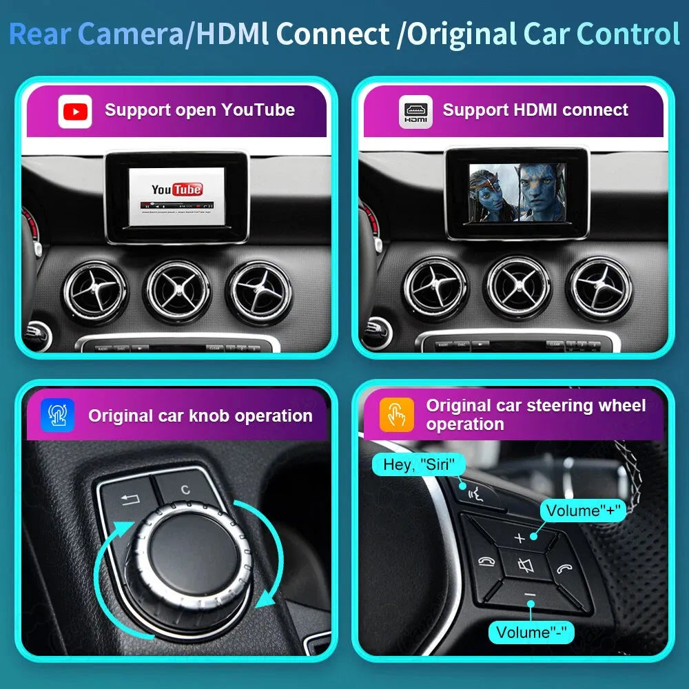 Features of the Mercedes CarPlay module including YouTube support, HDMI connection, and compatibility with original car central console knob and steering wheel controls.