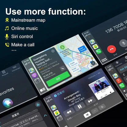 Interface demonstration of the CarPlay module showing options for mainstream maps, online music, Siri voice control, and phone call functions on a split screen.