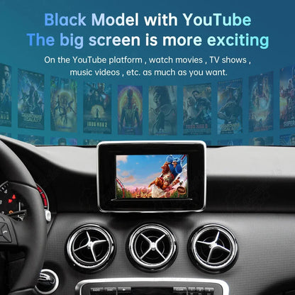 A Mercedes-Benz dashboard screen playing a movie via the YouTube app platform, highlighting the entertainment features of the wireless smart module.