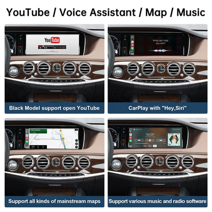 Four-panel layout showcasing YouTube playback, Siri voice control integration, GPS maps navigation, and music streaming software support.