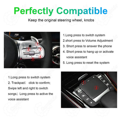 Compatibility guide showing original Mercedes steering wheel buttons and center console trackpad controls for CarPlay system.