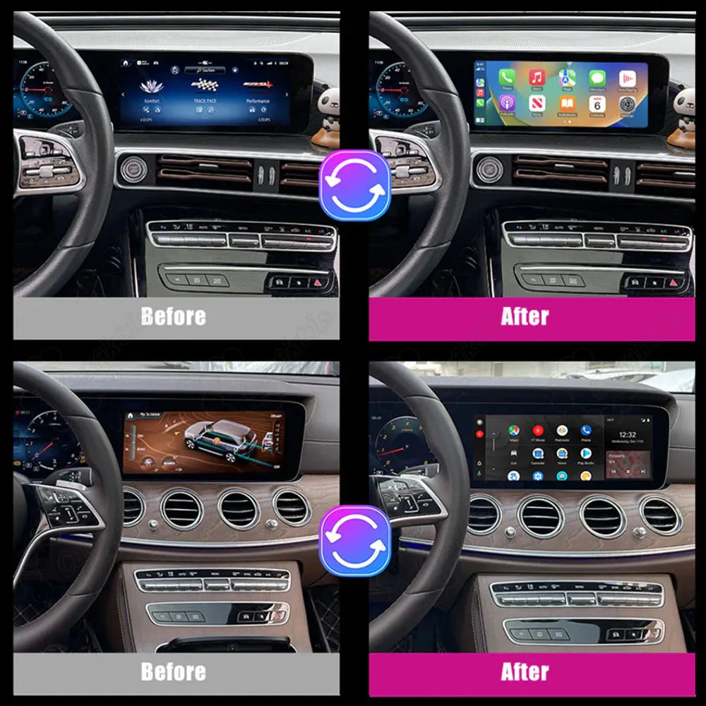 Before and after installation comparison showcase of upgrading a Mercedes dashboard screen to wireless CarPlay and Android Auto.
