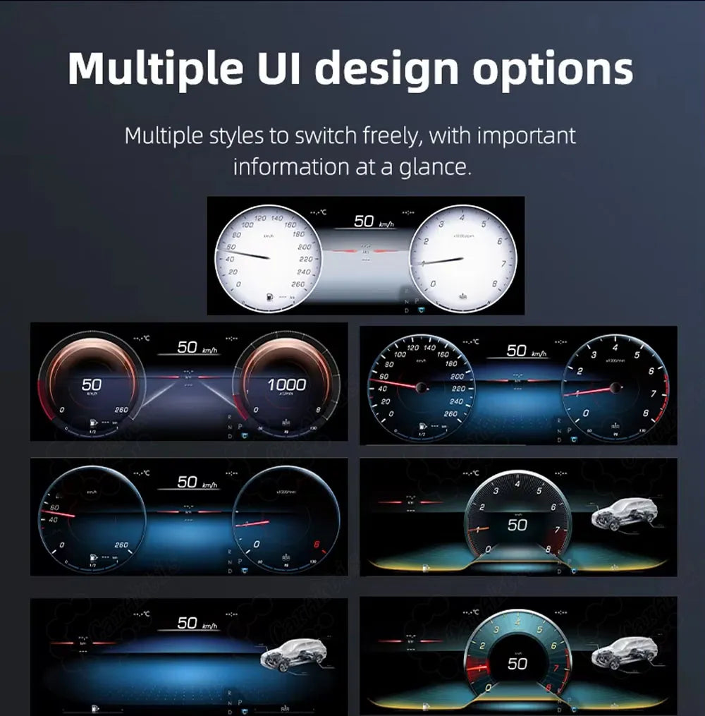 Multiple UI design options and customizable cluster themes for Mercedes W176 CLA GLA digital speedometer screen