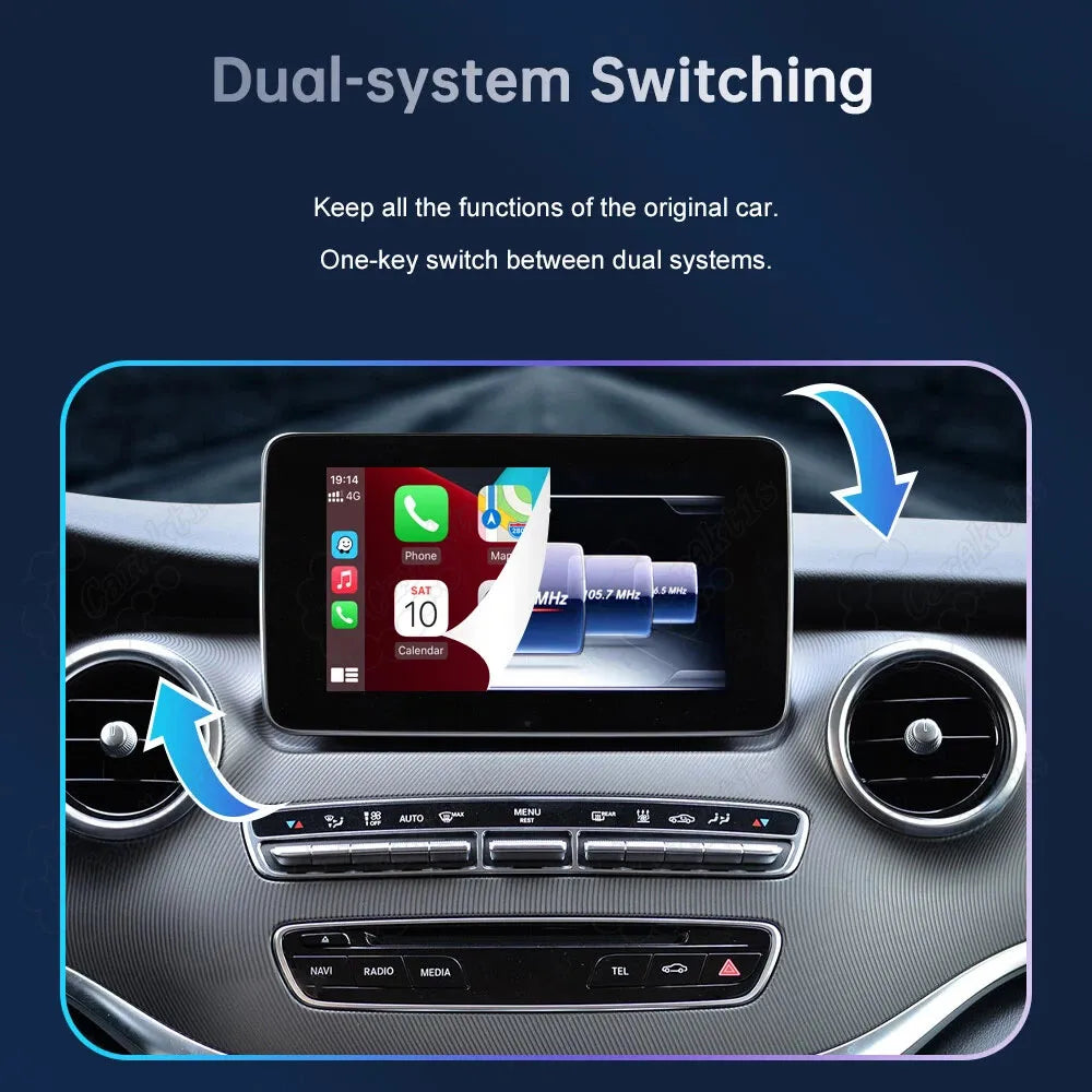 Dual-system switching feature showing one-key switch between the original Mercedes factory radio system and the new smart CarPlay interface.