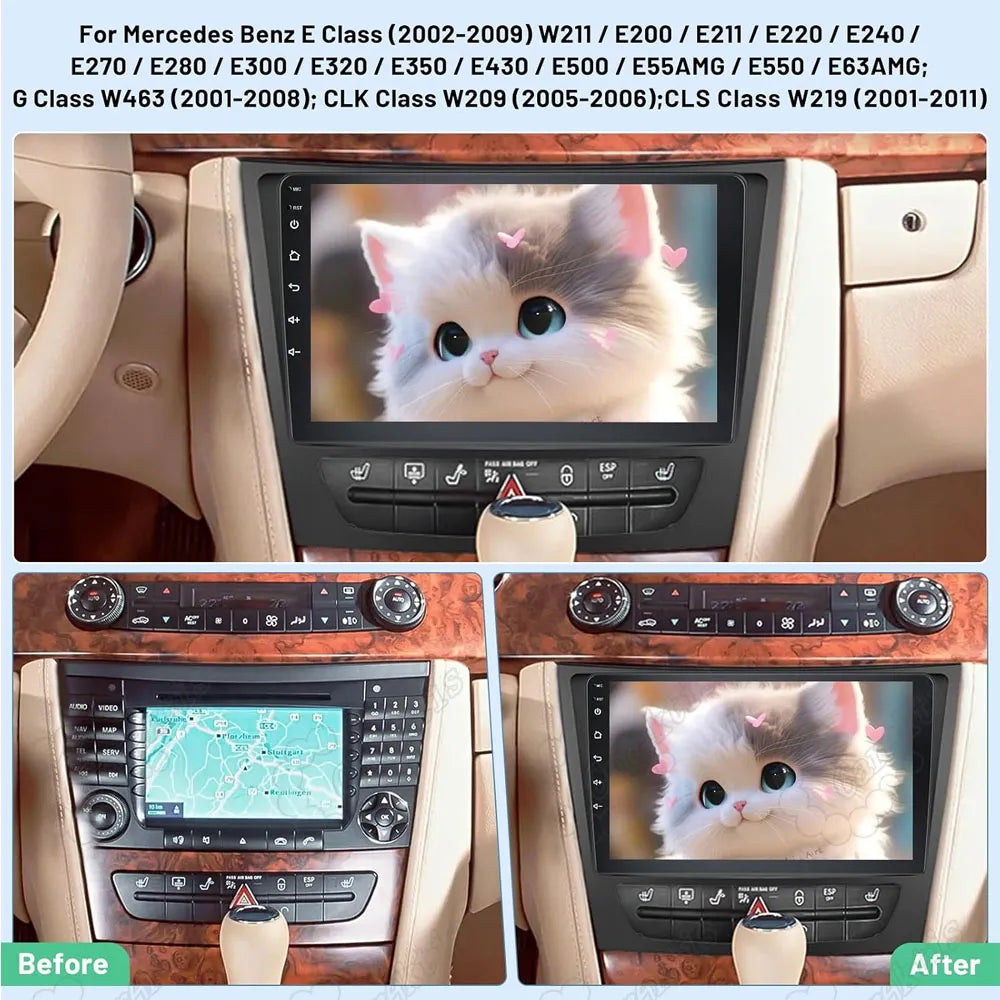 Before and after installation comparison of Android touchscreen car stereo in Mercedes Benz E-Class W211 dashboard