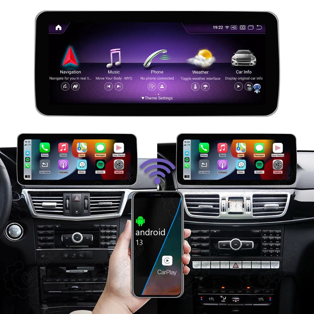 Mercedes-Benz W212 Android 13 car radio showing wireless Apple CarPlay interface connected with smartphone