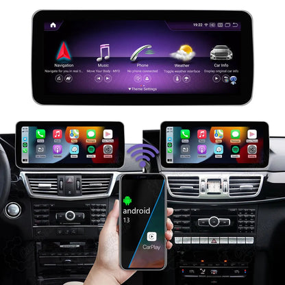 Mercedes-Benz W212 Android 13 car radio showing wireless Apple CarPlay interface connected with smartphone