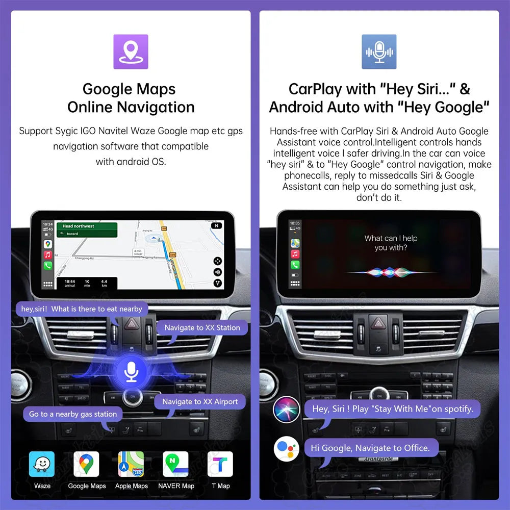 Google Maps online GPS navigation and Siri Hey Google voice control interface on Mercedes Benz E Class car stereo screen