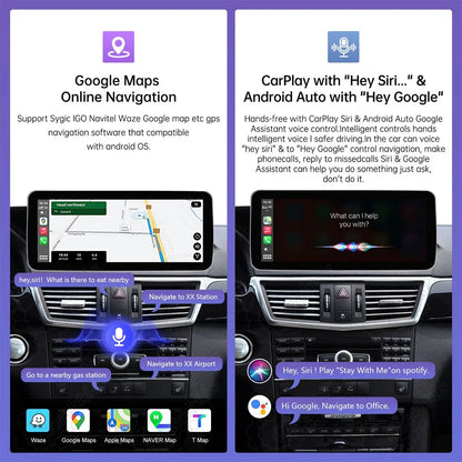 Google Maps online GPS navigation and Siri Hey Google voice control interface on Mercedes Benz E Class car stereo screen