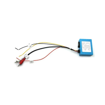 Complete MOST fiber optic audio converter kit showing blue decoder box, labeled power wires, and RCA audio cables for Mercedes Benz