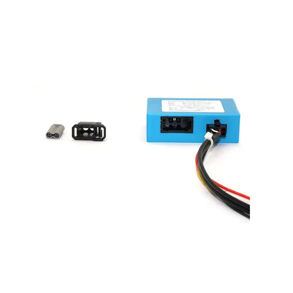 Fiber optic MOST box decoder with power wiring harness and included optical bypass connector accessories