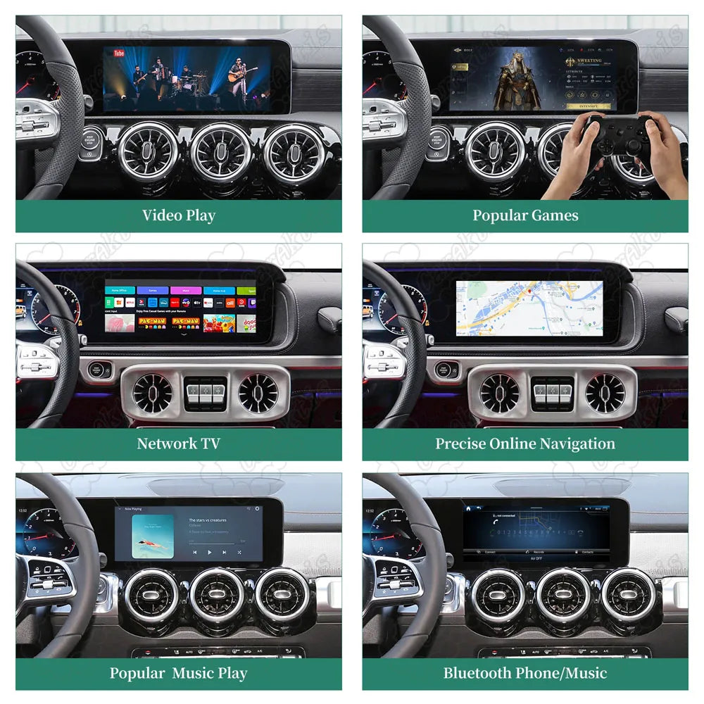 Mercedes-Benz G-Class Android screen upgrade showing video playback, gaming, network TV, online GPS navigation, music streaming, and Bluetooth hands-free features.