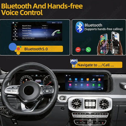 Mercedes-Benz G-Class W464 dashboard display showing Bluetooth 5.0 hands-free calling and smart voice control navigation.