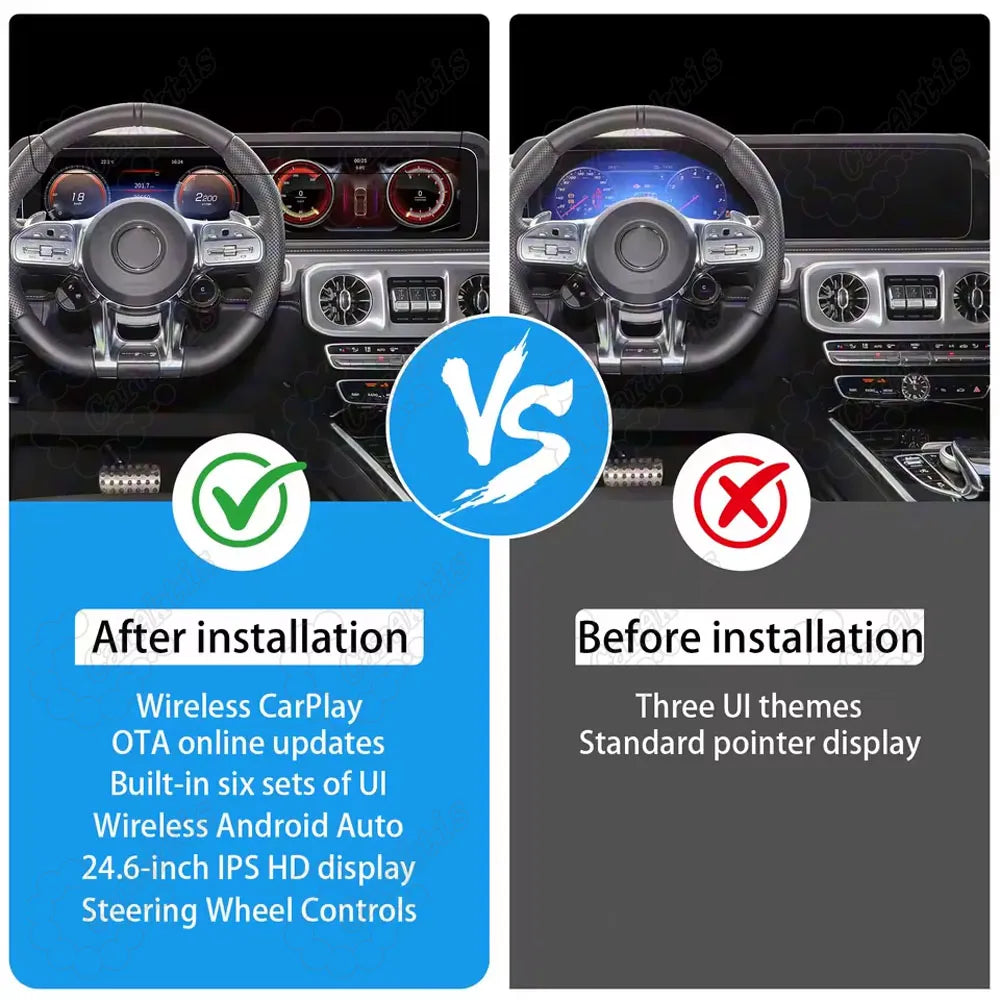 Before and after installation comparison for Mercedes-Benz G-Class W464, highlighting 24.6-inch total dual IPS HD display, wireless CarPlay, Android Auto, and steering wheel control support.