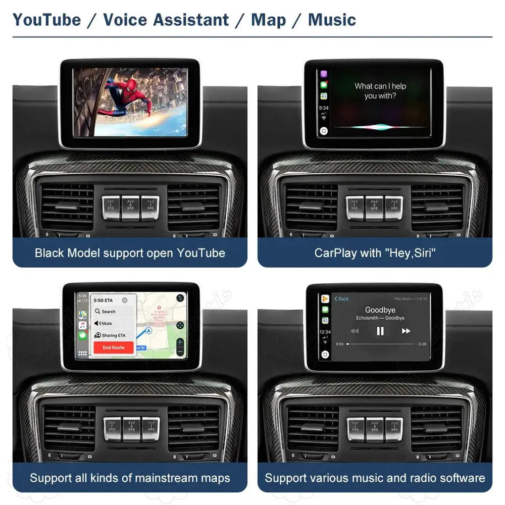 Upgraded Mercedes smart screen supporting YouTube video playback, Siri voice command, GPS maps, and music streaming.