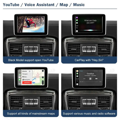 Upgraded Mercedes smart screen supporting YouTube video playback, Siri voice command, GPS maps, and music streaming.