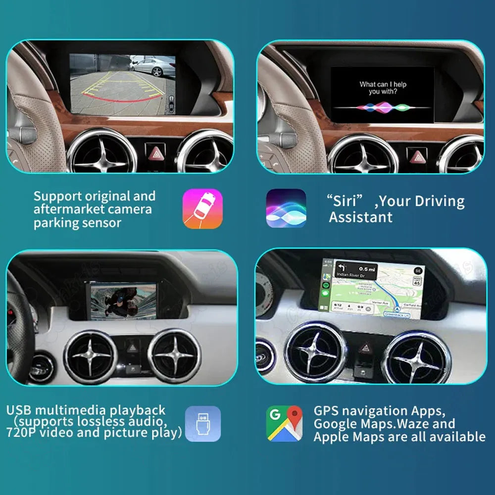 Upgraded Mercedes GLK dashboard screen showing support for factory backup camera parking sensors, Siri assistant, and USB HD multimedia video playback.
