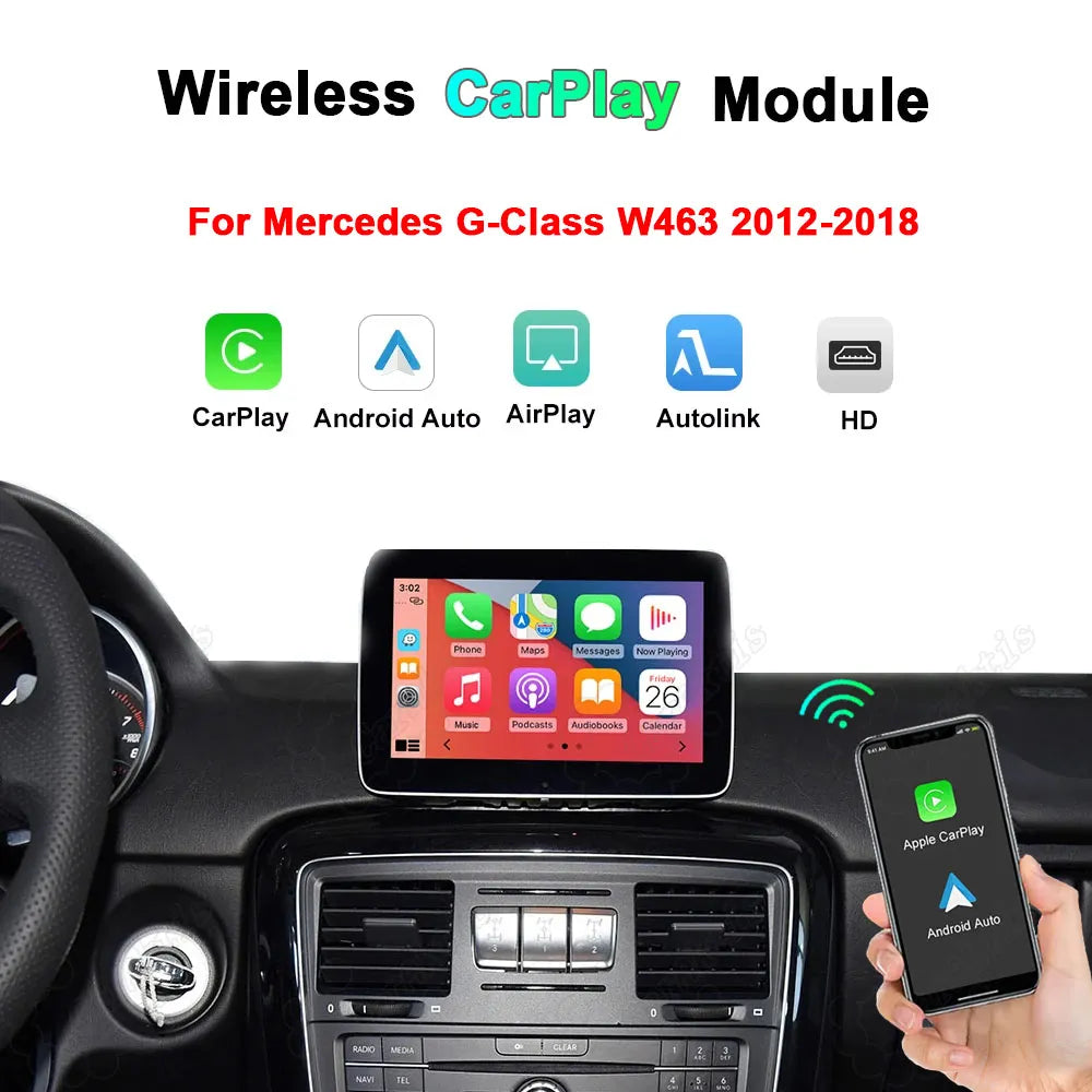 Premium wireless CarPlay and Android Auto upgrade module for Mercedes Benz GLK-Class X204 2008-2015 center console.