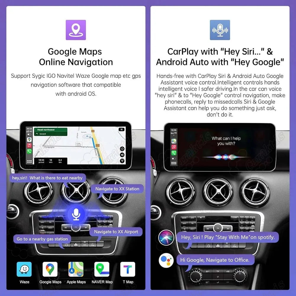 Google Maps GPS online navigation display and hands-free voice control via Hey Siri and Google Assistant on Mercedes Android radio.