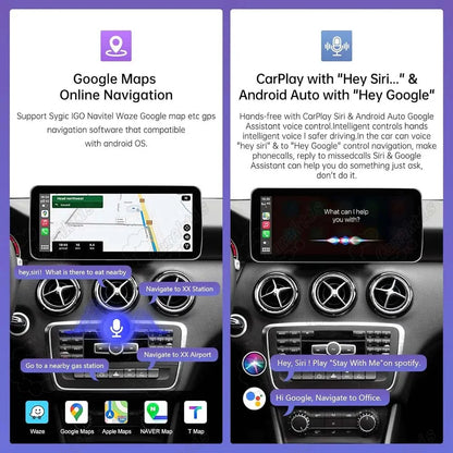 Google Maps GPS online navigation display and hands-free voice control via Hey Siri and Google Assistant on Mercedes Android radio.