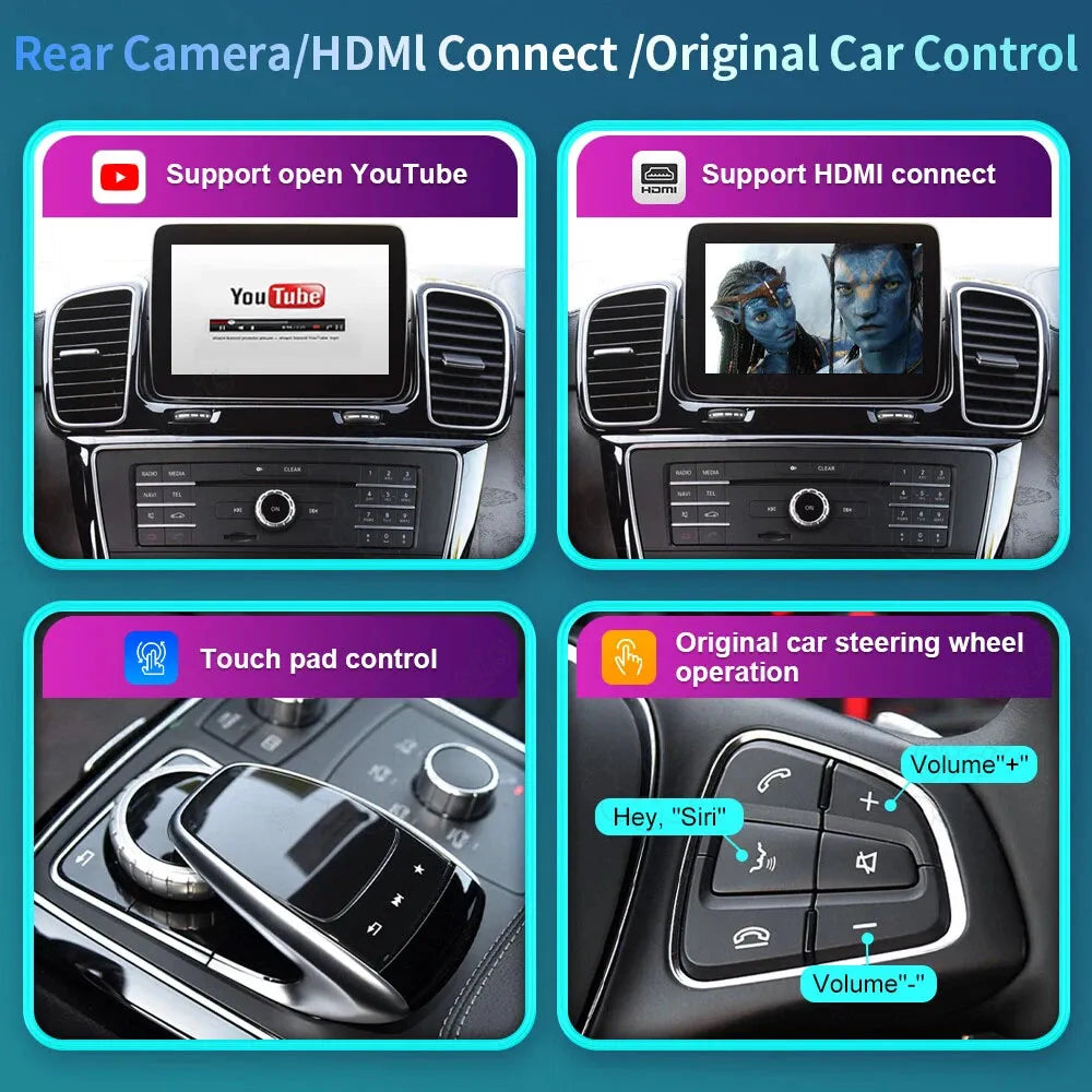 Product feature overview showing HDMI input support, original Mercedes touchpad control, and steering wheel button integration for Siri and volume.
