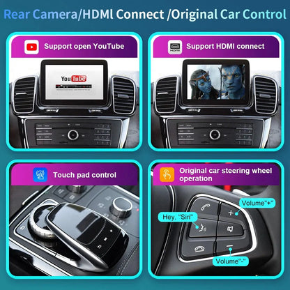 Product feature overview showing HDMI input support, original Mercedes touchpad control, and steering wheel button integration for Siri and volume.