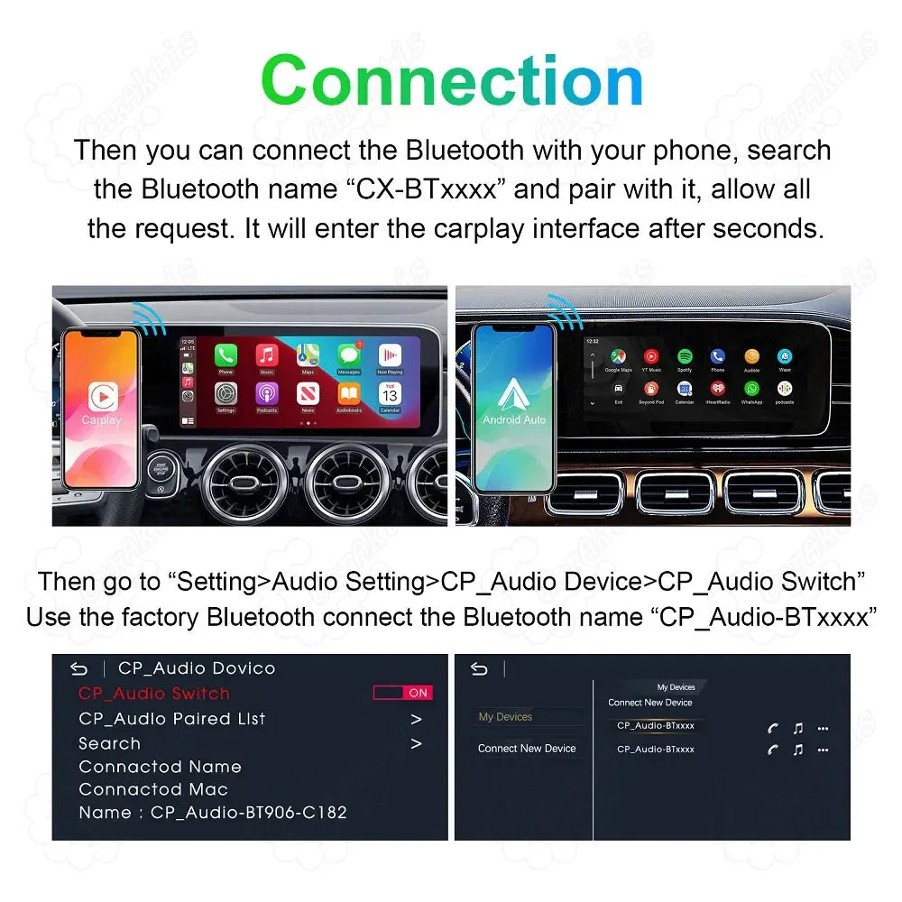 Step-by-step Bluetooth connection and audio setting guide for Mercedes NTG 6.0 MBUX CarPlay and Android Auto upgrade module.